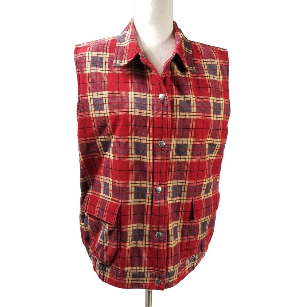 Liz Golf Claiborne Reversible Snap Front Red Tan Corduroy Vest Excellent Size L